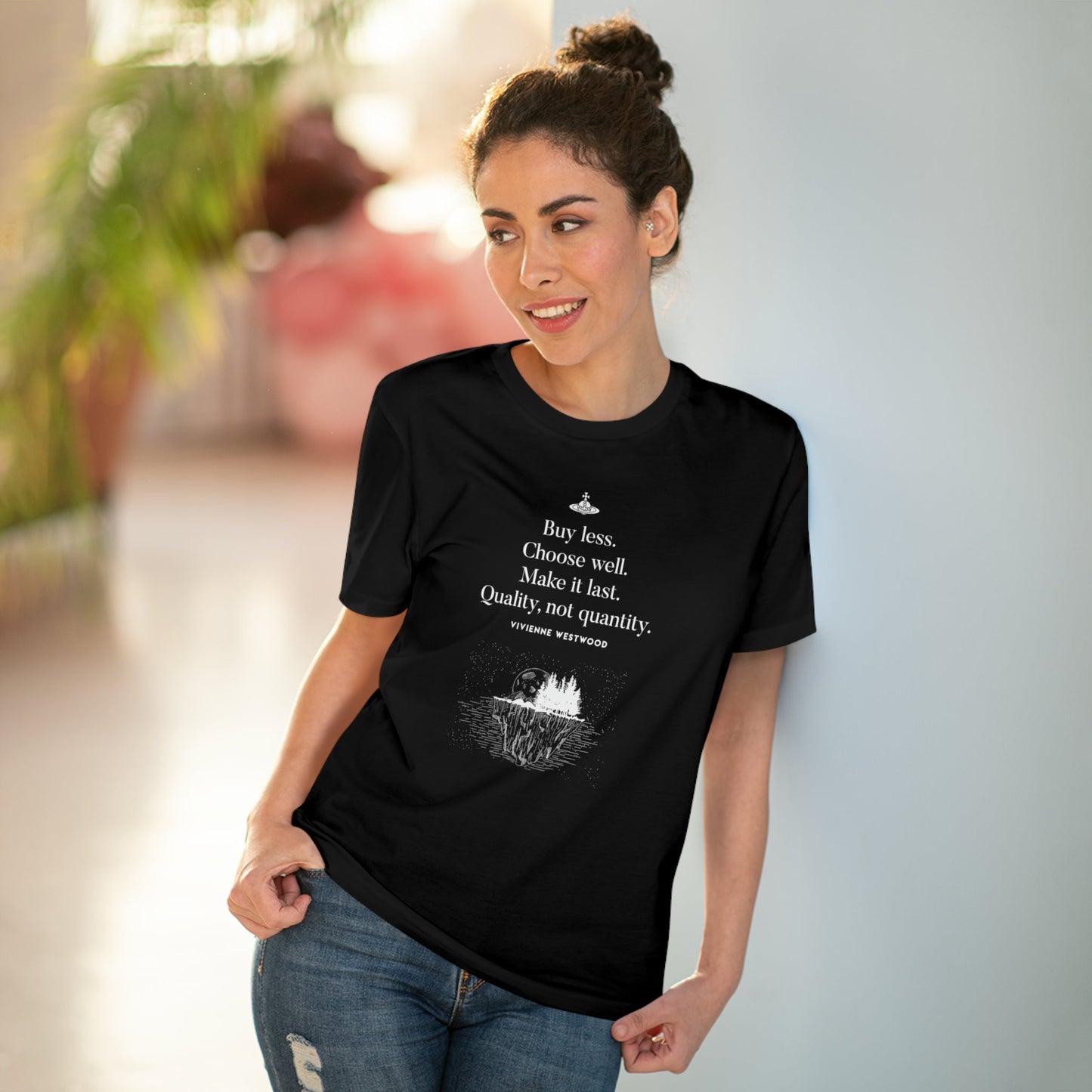 Climate Change 'Buy Less' Vivienne Organic Cotton T-shirt - Famous Quote Tee