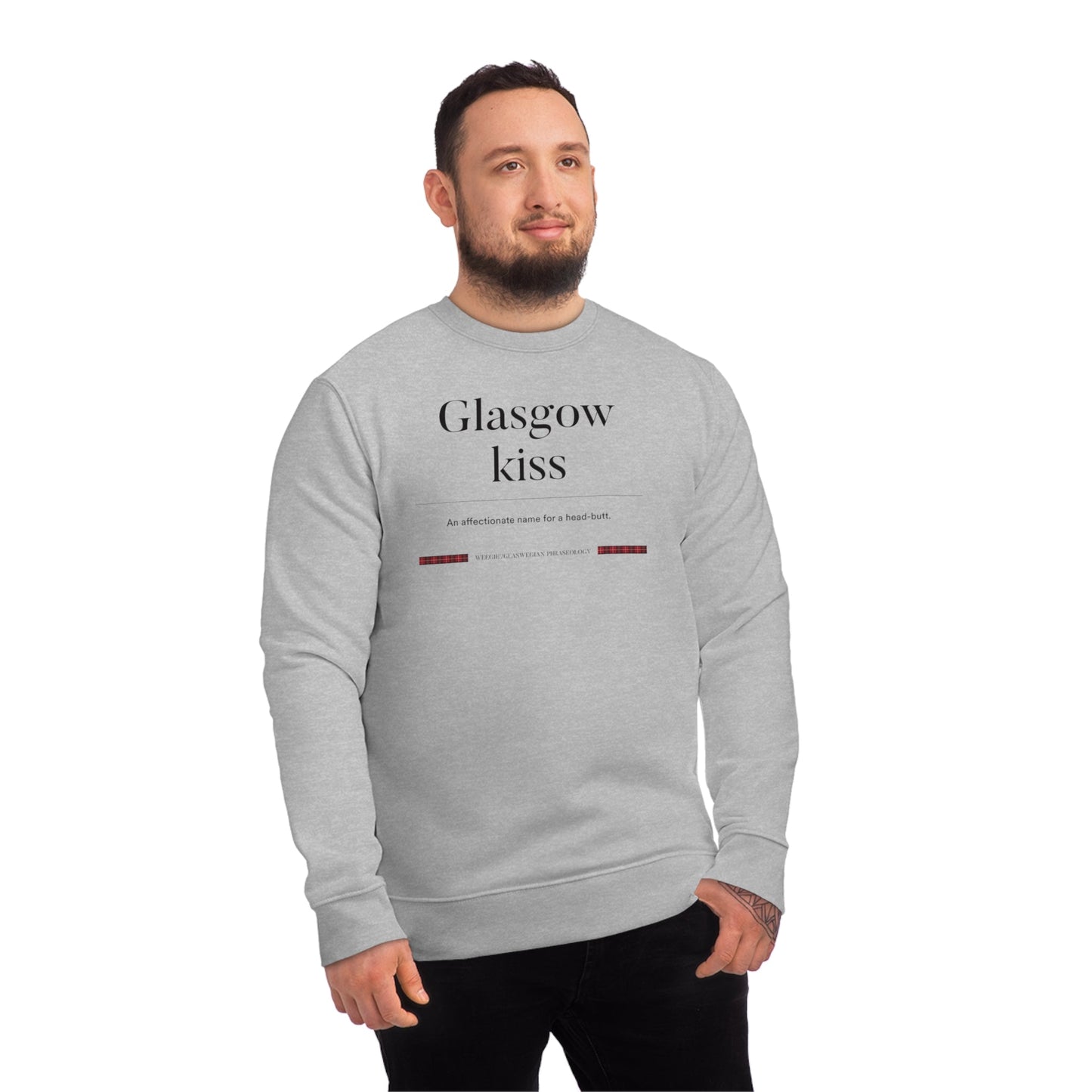 Organic Cotton Glasgow Kiss Glaswegian Slang Sweatshirt available at Scotts Menswear. Soft, stylish, and eco-friendly