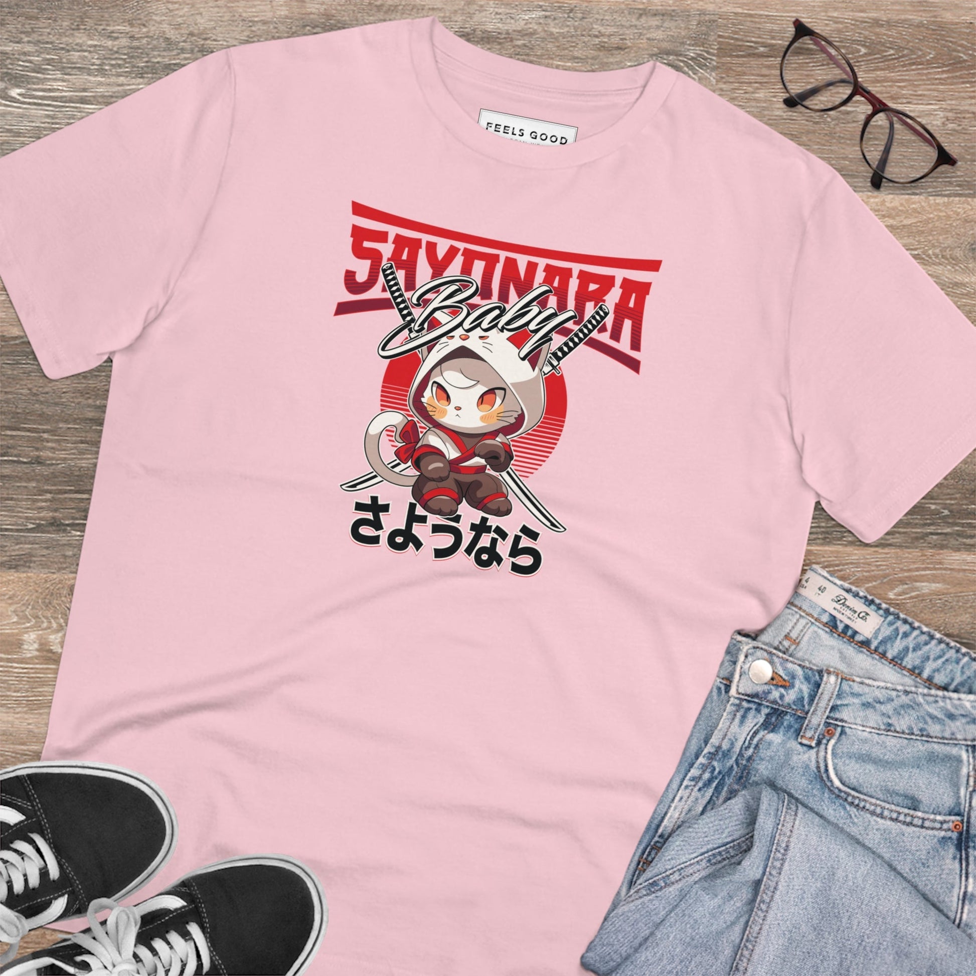 Organic Cotton 'Sayonara' Japanese Funny Cat T-shirt - Fun Cat T shirt