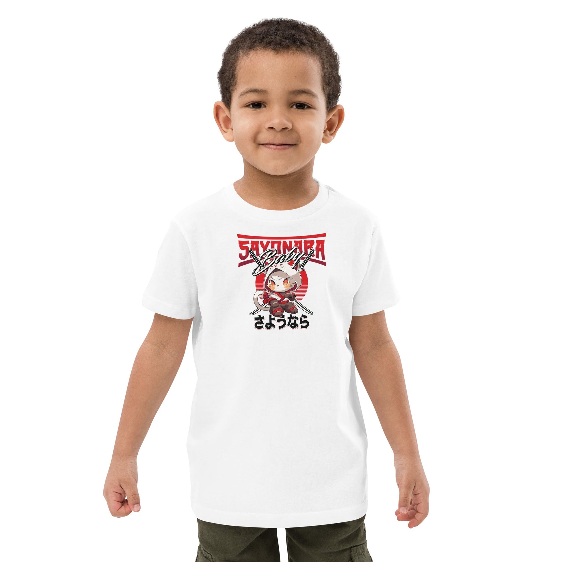 Organic Cotton 'Sayonara' Japanese Kids Funny Cat T-shirt - Funny Animal Shirt