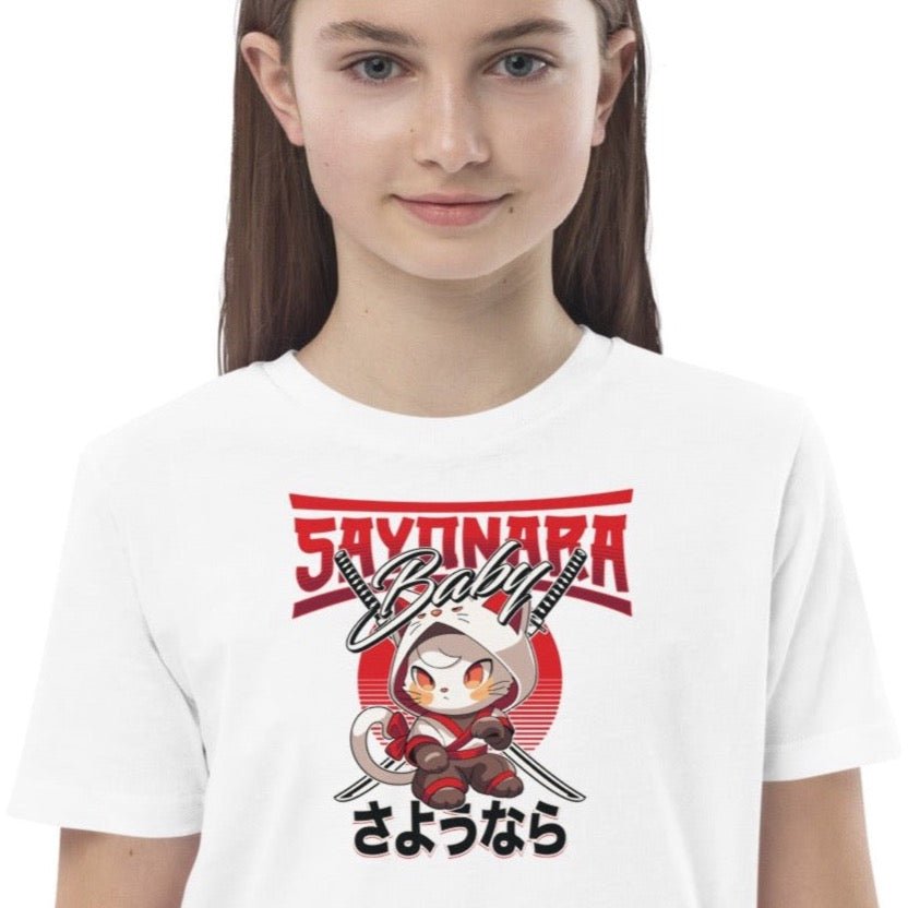 Organic Cotton 'Sayonara' Japanese Kids Funny Cat T-shirt - Funny Animal Shirt