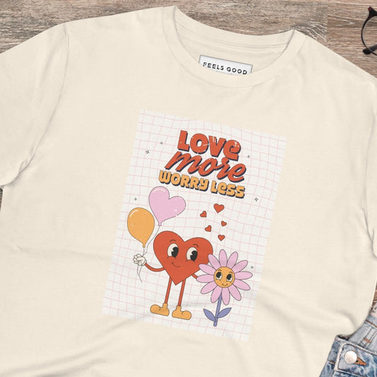 Positive 'Love More, Worry Less' Retro Organic Cotton T-shirt - Fun Tshirt