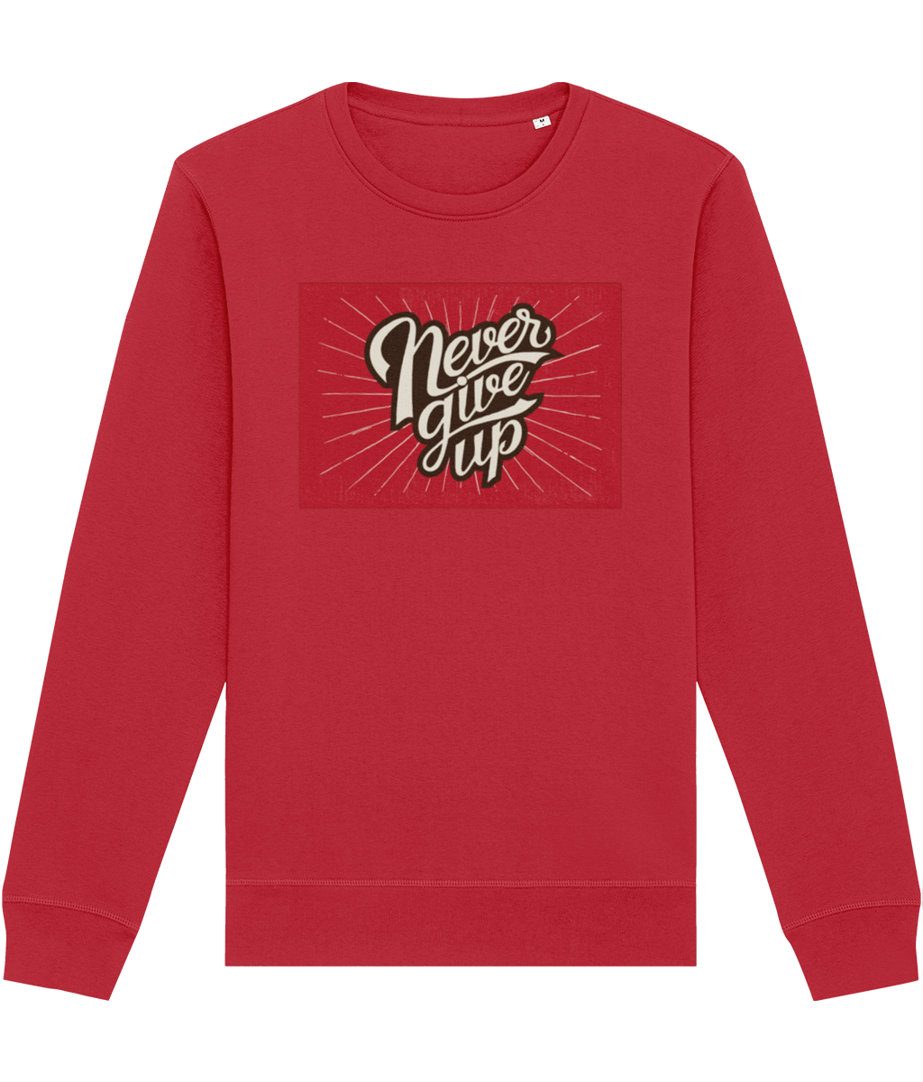 Positive 'Never Give Up' Retro Organic Cotton Red Sweatshirt - Fun Sweatshirt