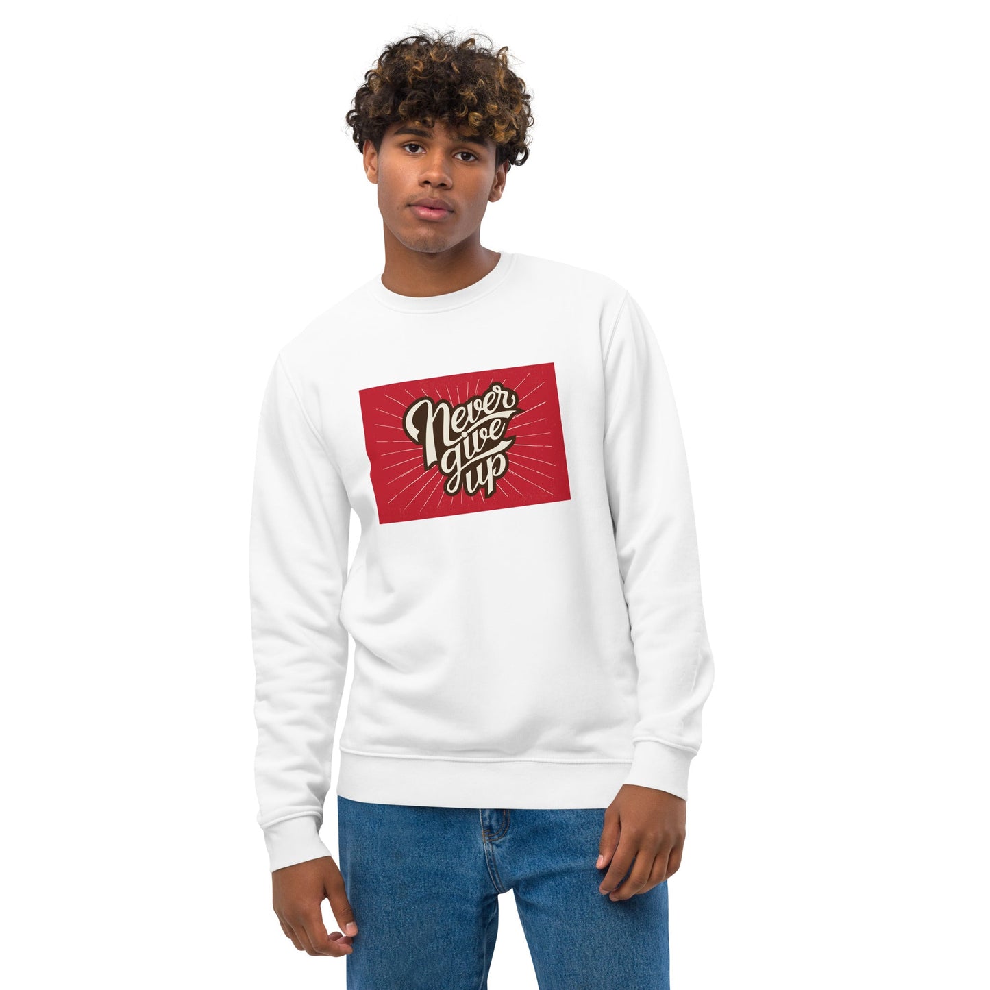 Positive 'Never Give Up' Retro Organic Cotton white Sweatshirt - Fun Sweatshirt