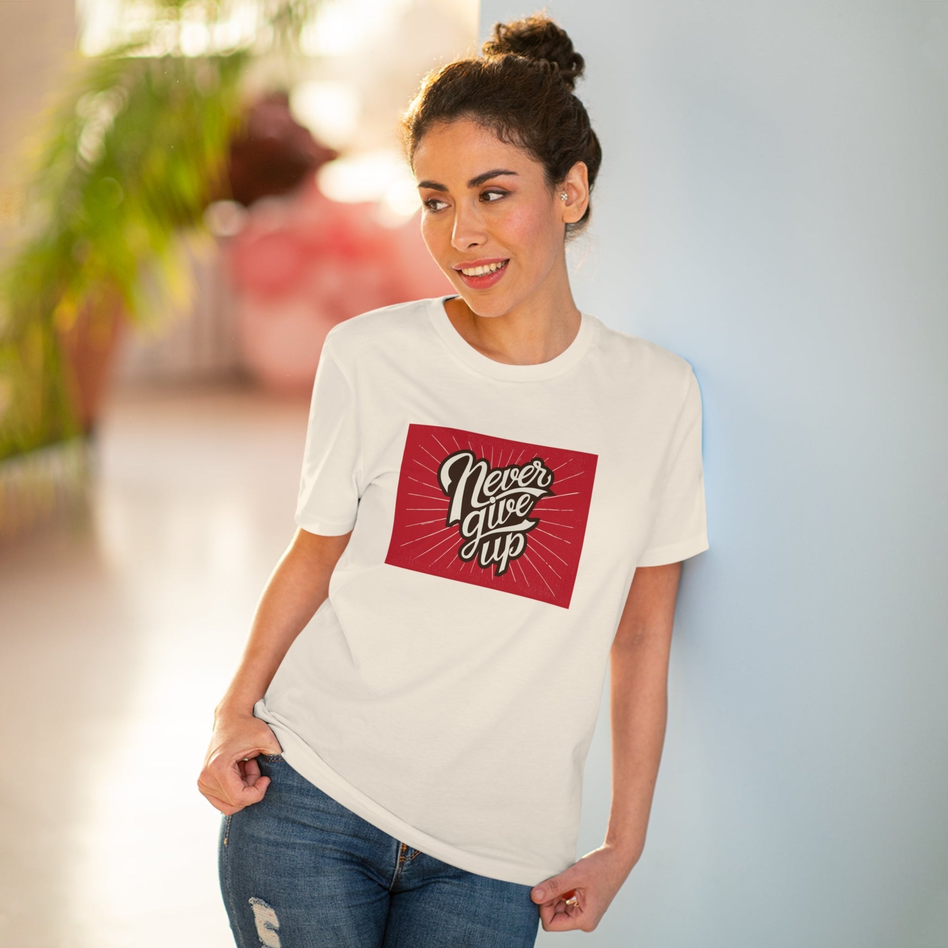 Positive 'Never Give Up' Retro Organic Cotton T-shirt - Fun Tshirt